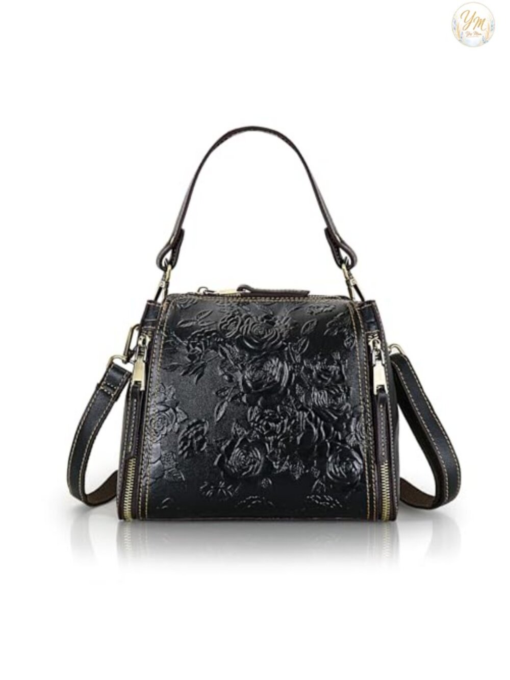 Vintage Leather Satchel Crossbody Tote Purse with Rose Embroidery Adjustable